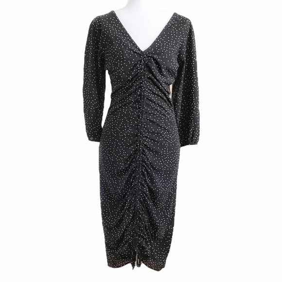 Zara BLACK WHITE POLKA DOT LACE UP RUCHED HALF SLEEVE MIDI DRESS - S - Picture 1 of 13